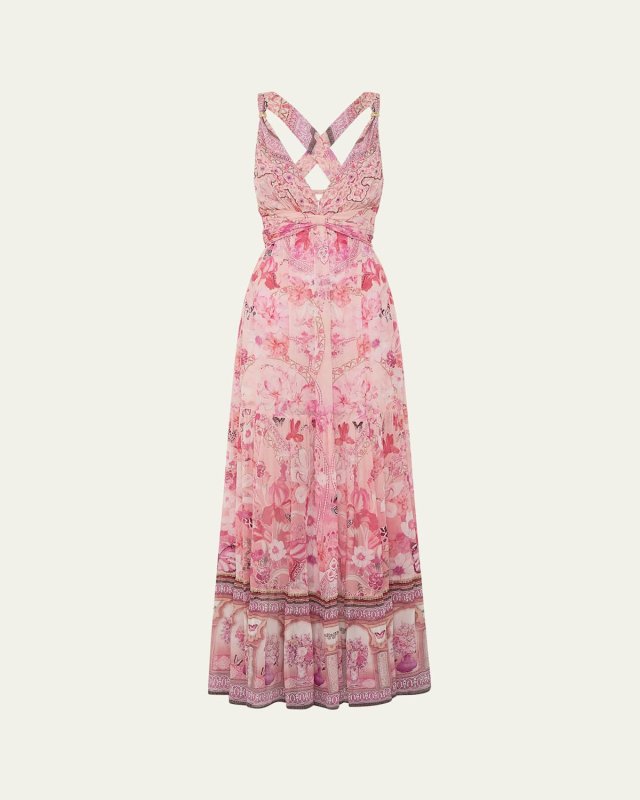 Botanical Novella Bead-Strap Gathered Panel Dress